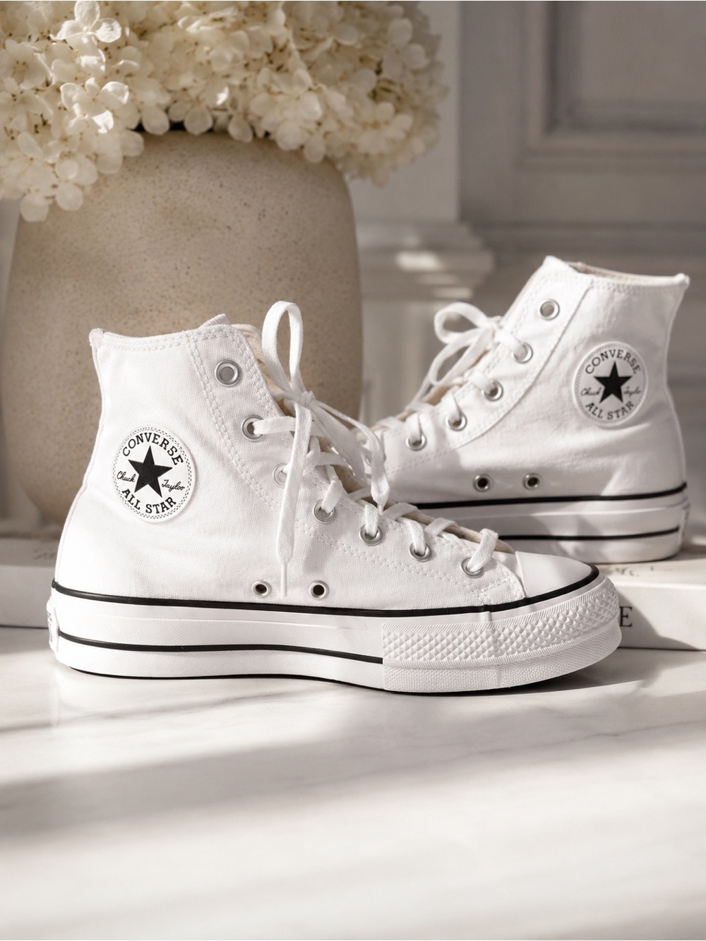 Converse White High-Top Canvas Sneakers with Black Trim - Picture 1 of 8